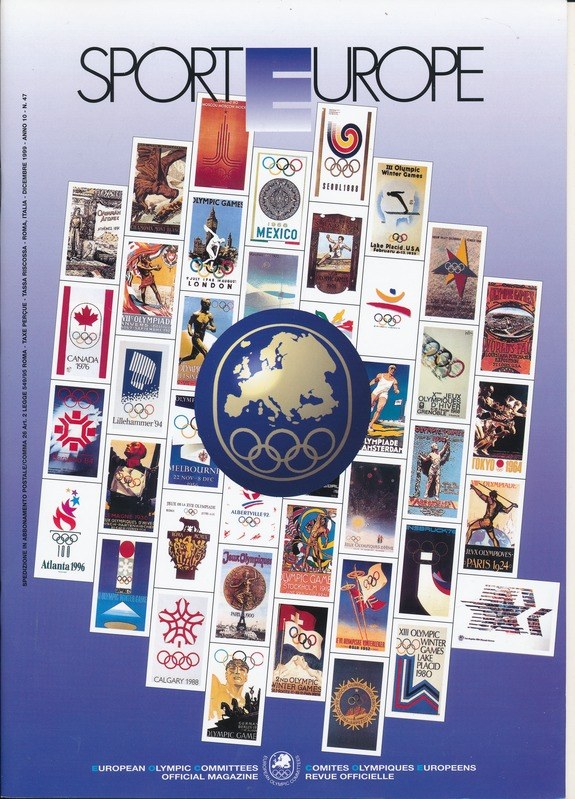 Buchumschlag mit dem Titel "Sporting Europe" in leuchtenden Farben und detaillierten Designs, der Olympische Symbole und Texte zu den Olympischen Spielen in Europa zeigt.