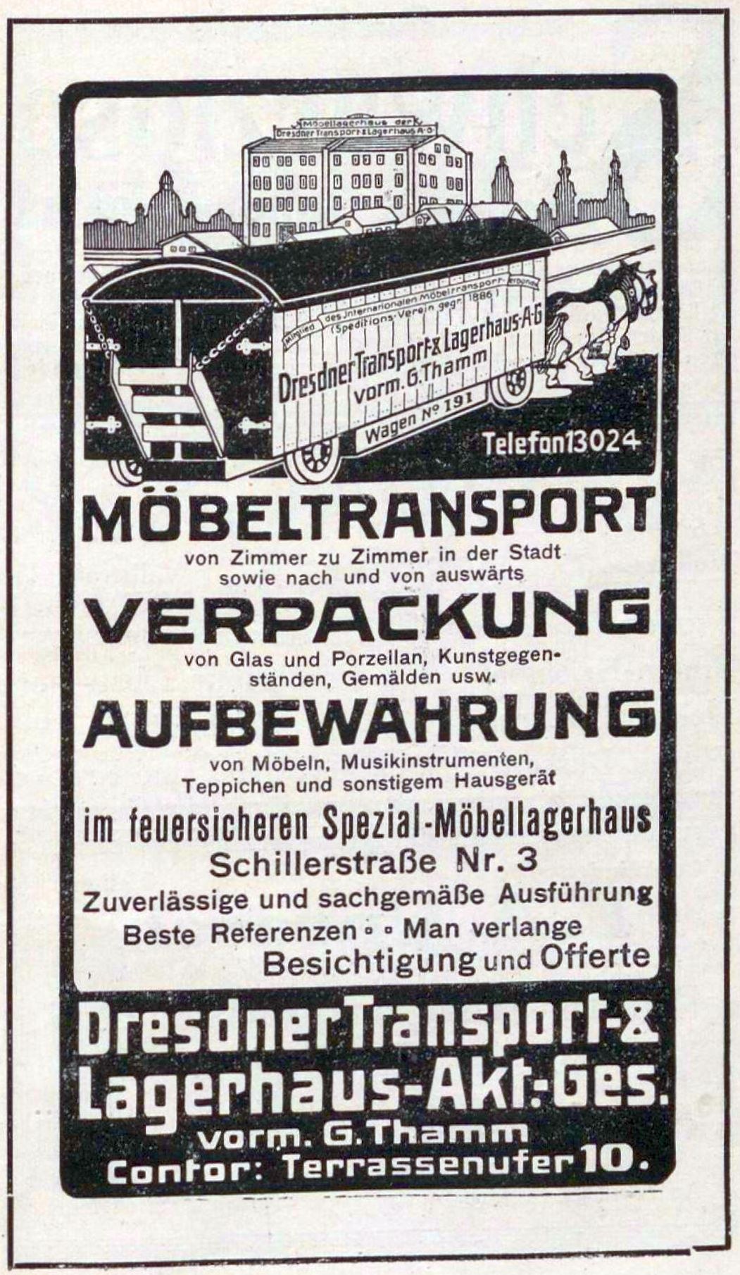 Advertisement for a train featuring a train image, text reading "Dresdner Transport & Lagerhaus-Akt-Ges," and buildings in the background.