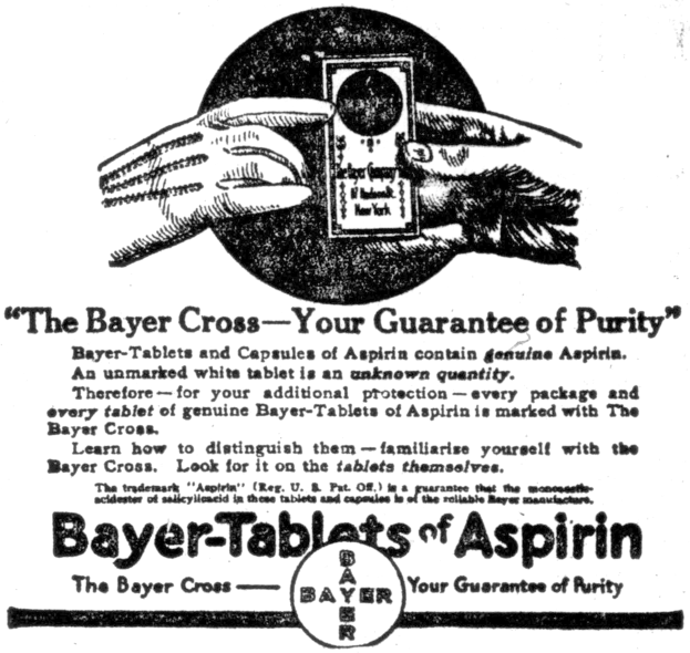 Ein schwarz-weißes Plakat mit einer Hand, die eine Bayer-Tablette hält, und dem Text "Das Bayer-Kreuz - Ihre Garantie für Reinheit" darunter.
