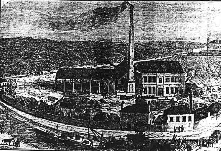 Schwarze und weiße Zeichnung einer Fabrik in einem Feld mit Gebäuden, Bäumen und einem Pfahl im Vordergrund, beschriftet mit "The New York State Penitentiary" unten.