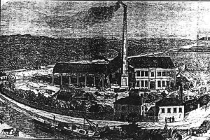 Schwarze und weiße Zeichnung einer Fabrik in einem Feld mit Gebäuden, Bäumen und einem Pfahl im Vordergrund, beschriftet mit "The New York State Penitentiary" unten.