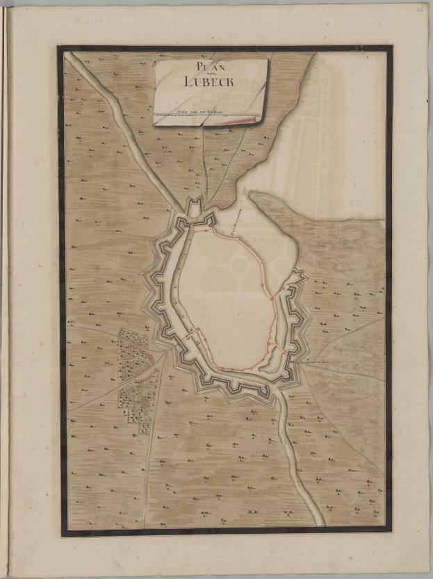 Altes Buch mit einem detaillierten Stadtplan von Lübeck, der Straßen, Gebäude, Sehenswürdigkeiten und Texte über die Bevölkerung, Geschichte und Kultur der Stadt zeigt.
