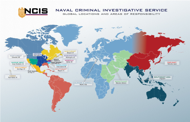 A world map poster highlighting locations of naval criminal investigative services with color-coded regions and explanatory text.