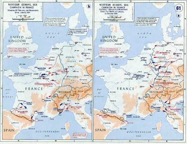 Ein historisches Poster mit einer Karte von Europa während der Schlacht von Leipzig, unterteilt in Abschnitte für Europa und Frankreich, mit beschrifteten Regionen, Städten und geografischen Merkmalen.