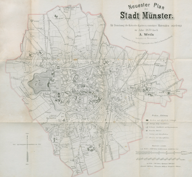 Old map of Stadt Münster, Germany from 1873, showing detailed text and layout of the city.