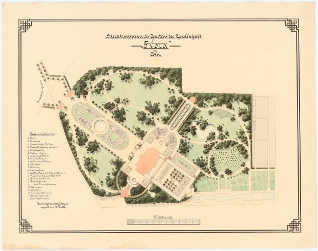 Ein detaillierter Gartenplan für einen Standort in St. Petersburg, Russland, der Bäume, Sträucher und Text auf Papier zeigt.
