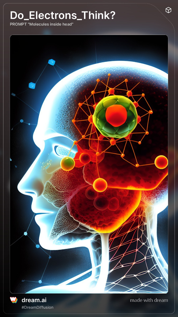 A mobile screen displaying an image of a brain with the text "Do Electrons Think?" related to quantum physics.