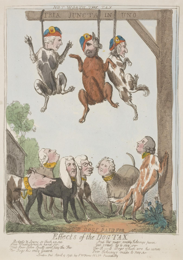 Ein Blatt mit einer Zeichnung von Menschen und Tieren, einschließlich eines Hundes, der an einem Holzpfahl hängt, und handgeschriebener Text, der wahrscheinlich die Auswirkungen einer Hundesteuer beschreibt.