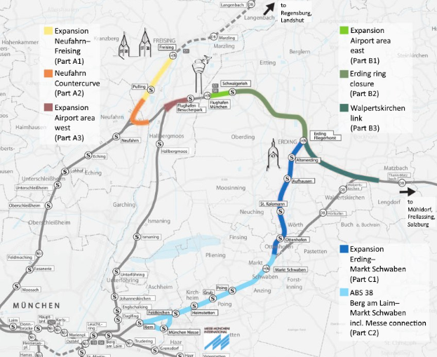 Eine detaillierte Stadtkarte, die eine Zugroute von München nach Frankfurt mit markierten Haltestellen, umliegender Gegend und zusätzlichen Zuginformationen hervorhebt.