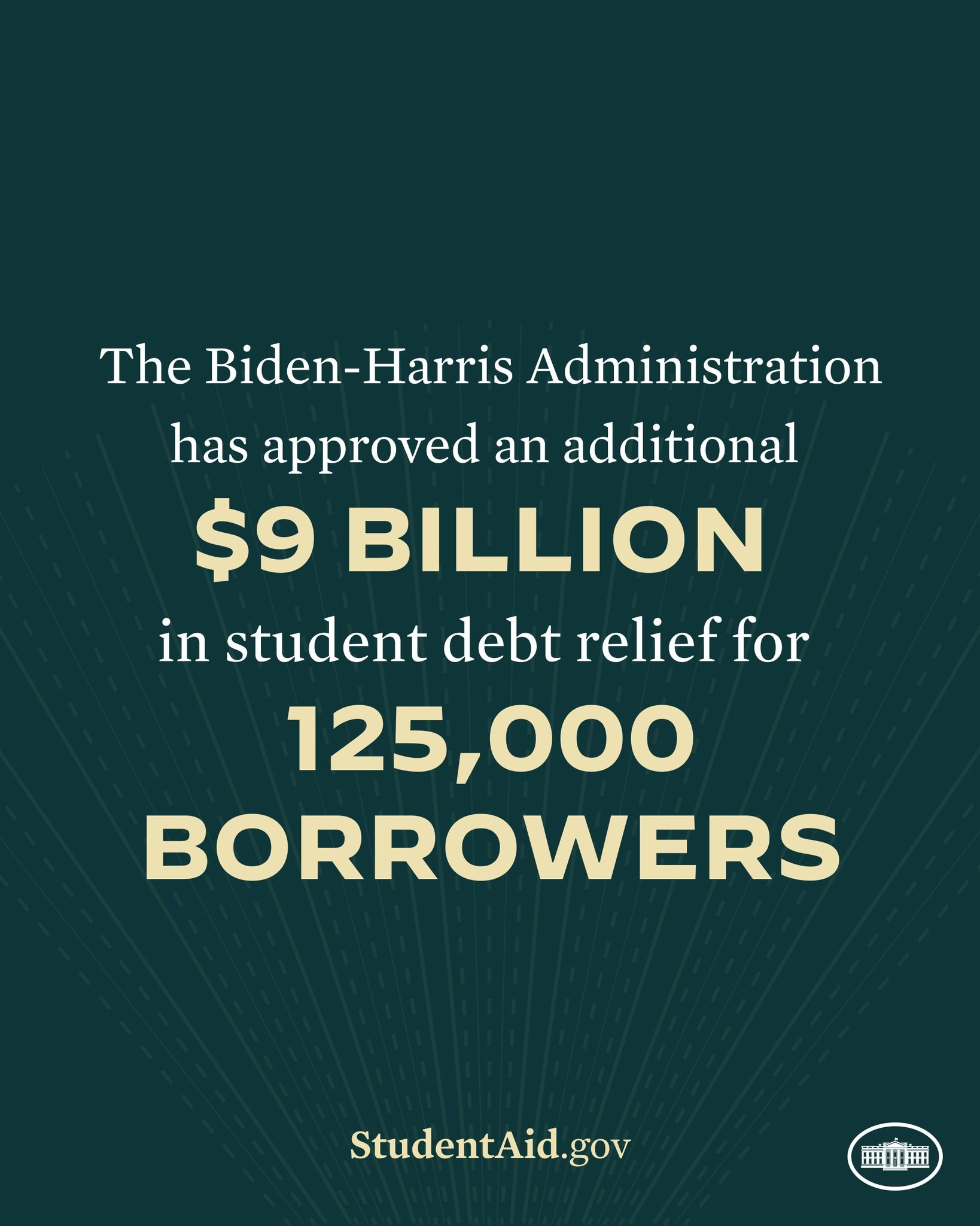 Poster announcing $9 billion in student debt relief for 125,000 borrowers under the Biden-Harris Administration, featuring an official logo at the bottom.