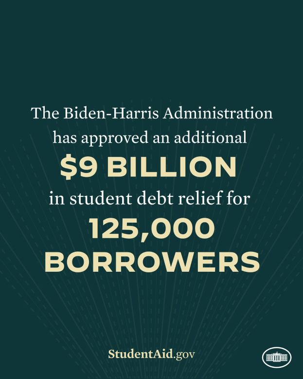 Poster announcing $9 billion in student debt relief for 125,000 borrowers under the Biden-Harris Administration, featuring an official logo at the bottom.