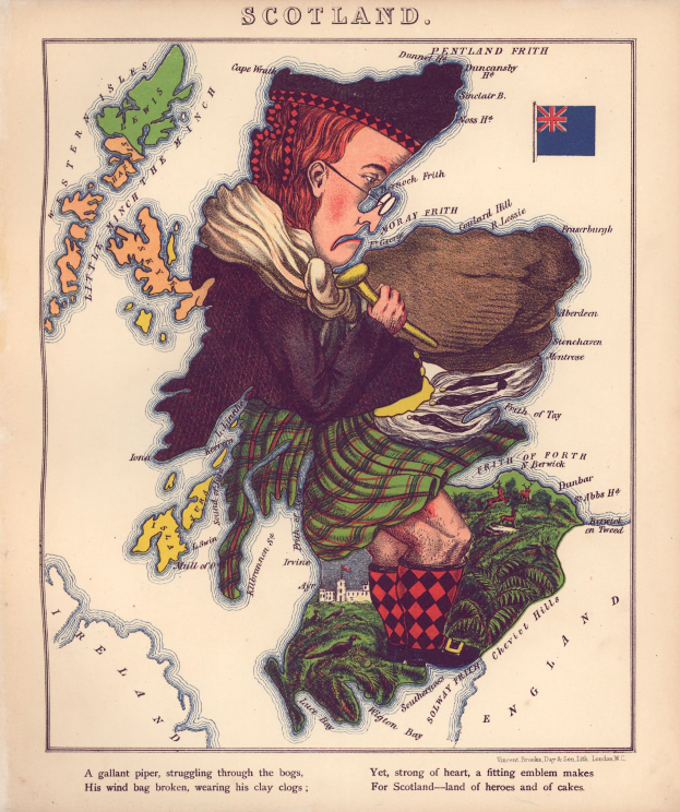 A historical map of Scotland with a man in traditional Scottish attire playing bagpipes, printed on aged paper with text and a flag.