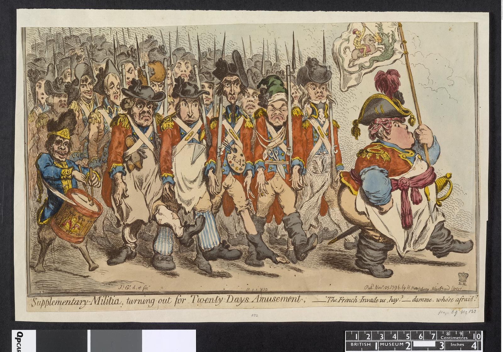 Gruppe von Männern in Militäruniformen marschiert durch eine Straße, einer hält einen Stock in der Hand, mit Text 'Ergänzender Militärdienst, Ausmarsch für Zwanzig-Tage-Vergnügen' unten.