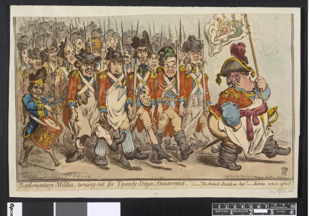 Gruppe von Männern in Militäruniformen marschiert durch eine Straße, einer hält einen Stock in der Hand, mit Text 'Ergänzender Militärdienst, Ausmarsch für Zwanzig-Tage-Vergnügen' unten.