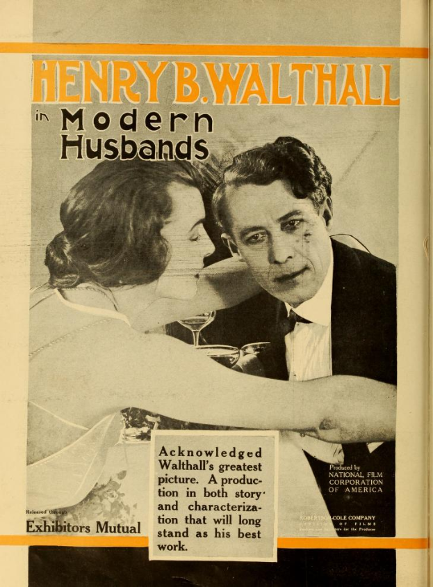 Ein Buchumschlag mit einem Mann und einer Frau in inniger Umarmung und dem Text "Henry B. Walthall in Modern Husbands" darunter.