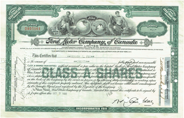 Old stock certificate from the Ford Motor Company of Canada featuring text and portraits.