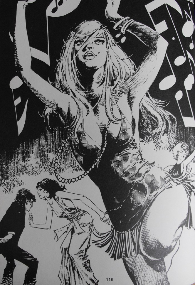 Ein Gemälde, das ein paar tanzende Menschen mit Noten oben darstellt.