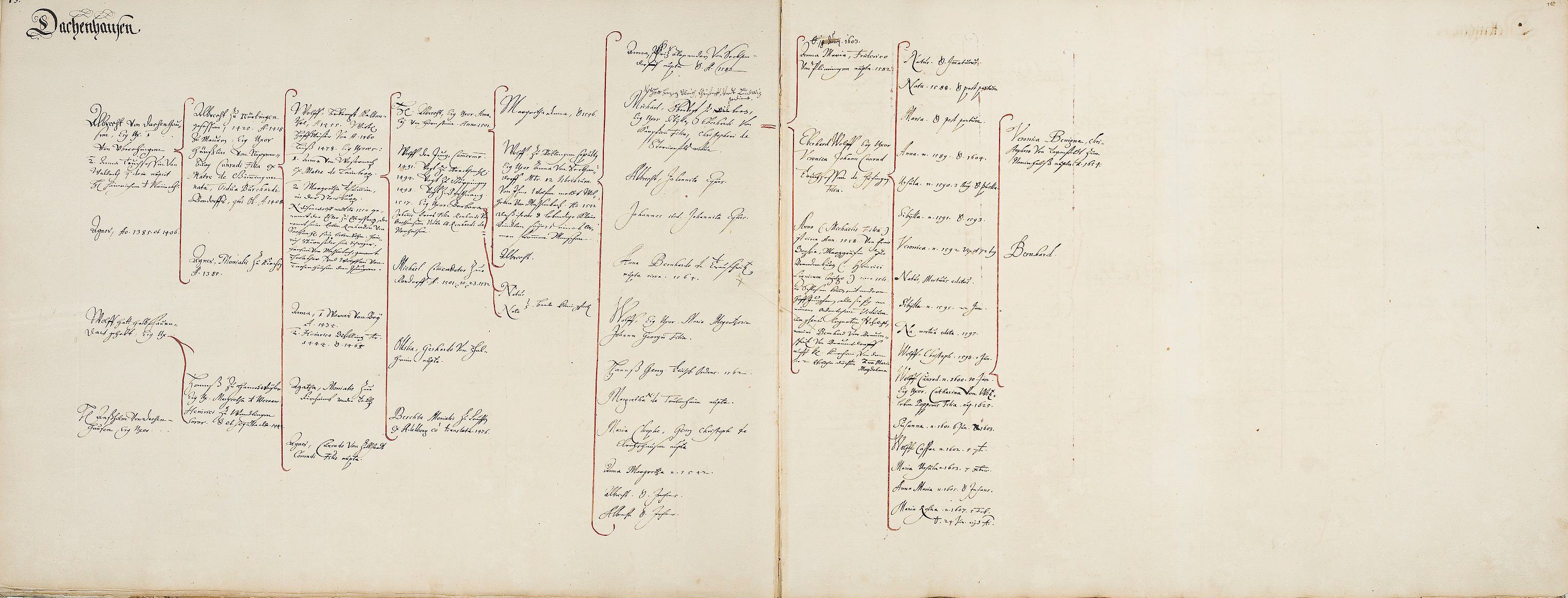 Open book with handwritten genealogical chart of a German family, filled with detailed lineage information.