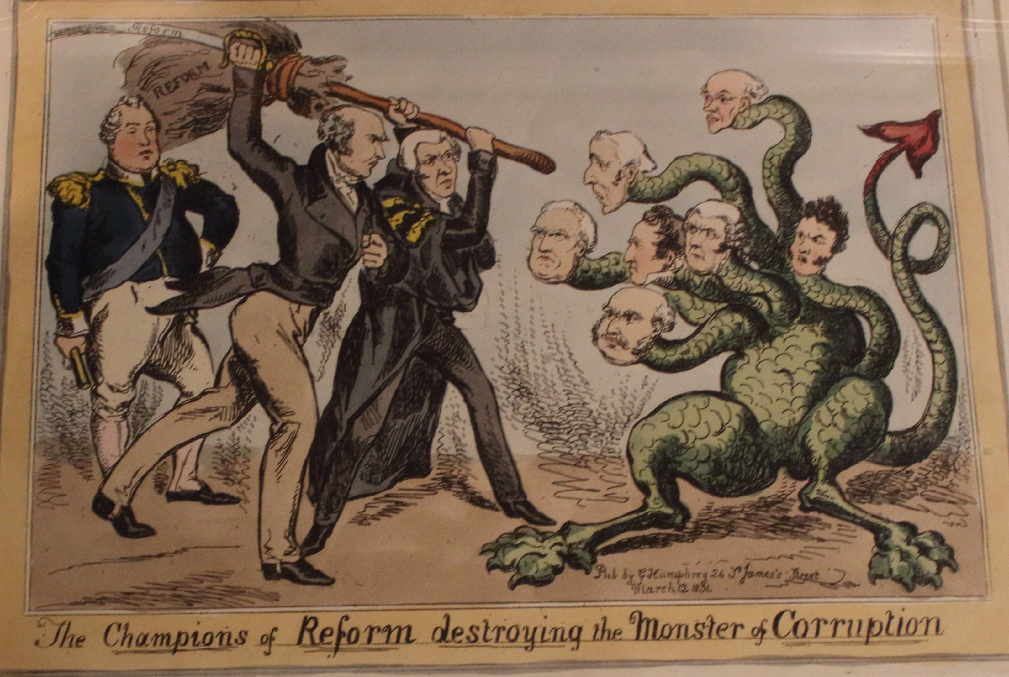 Cartoon-Illustration von Reform-Champions, die ein Korruptionsmonster besiegen, mit begleitendem Text.