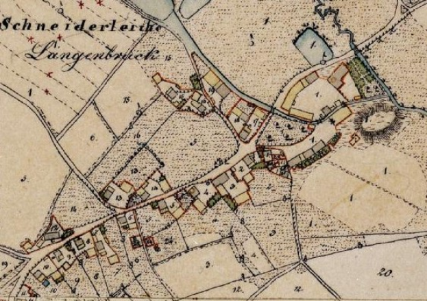 A detailed old map of Langerbruch, Germany, with Schneiderläderkirche at the center, showing streets, buildings, and surrounding features, including textual information about population, landmarks, and streets.