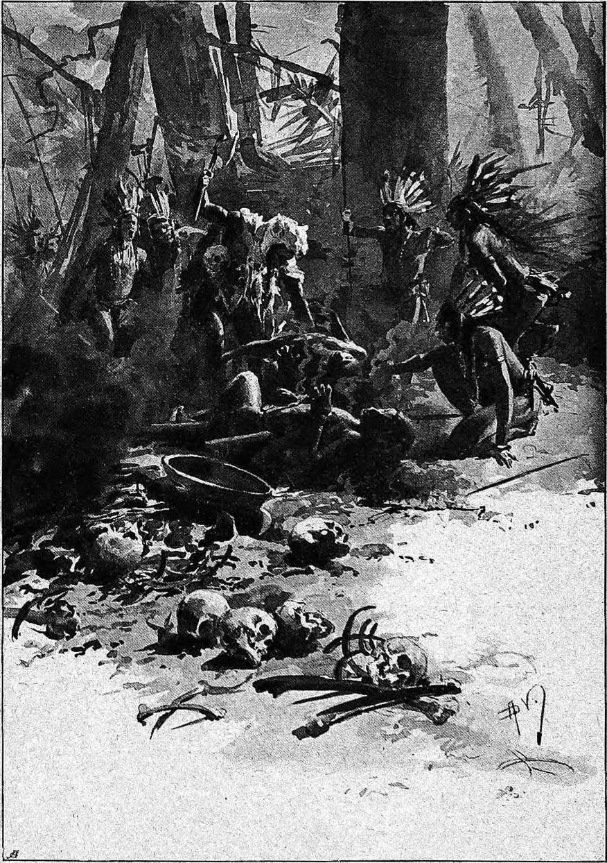 Black and white illustration of a group of people in a wooded area with scattered skulls and objects, with the text "The Death of a Native American Indian" at the bottom.