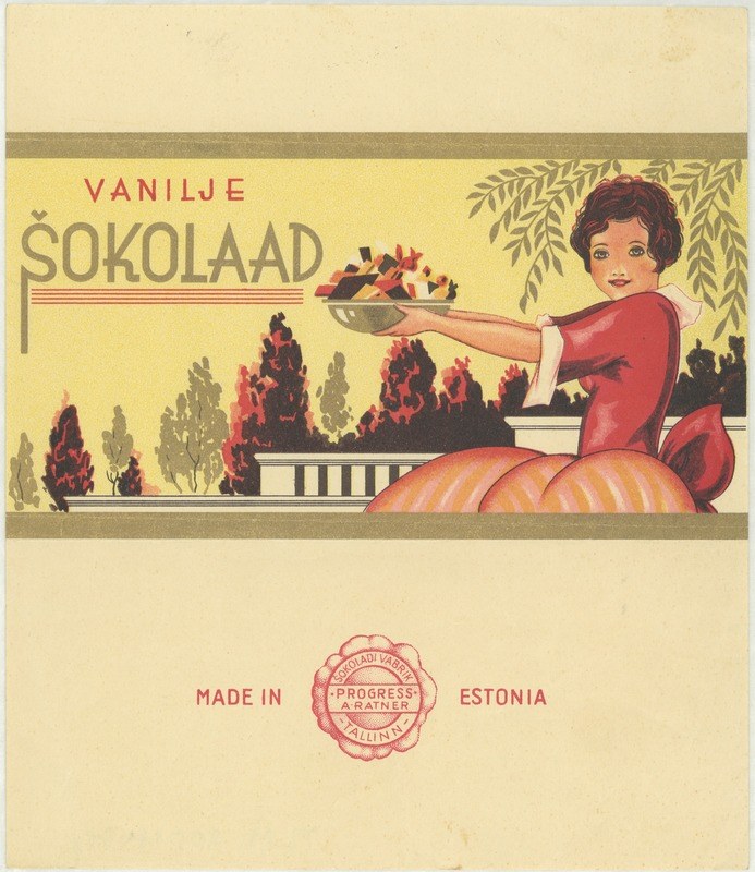 Poster featuring a woman holding a plate of food in a forested setting with text "Vanilje Sokolaad - Made in Estonia" at the bottom.