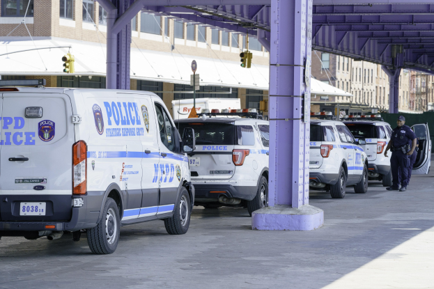 Police cars parked on a city street with a person standing nearby, buildings, poles, traffic signals, and a bridge in the background.