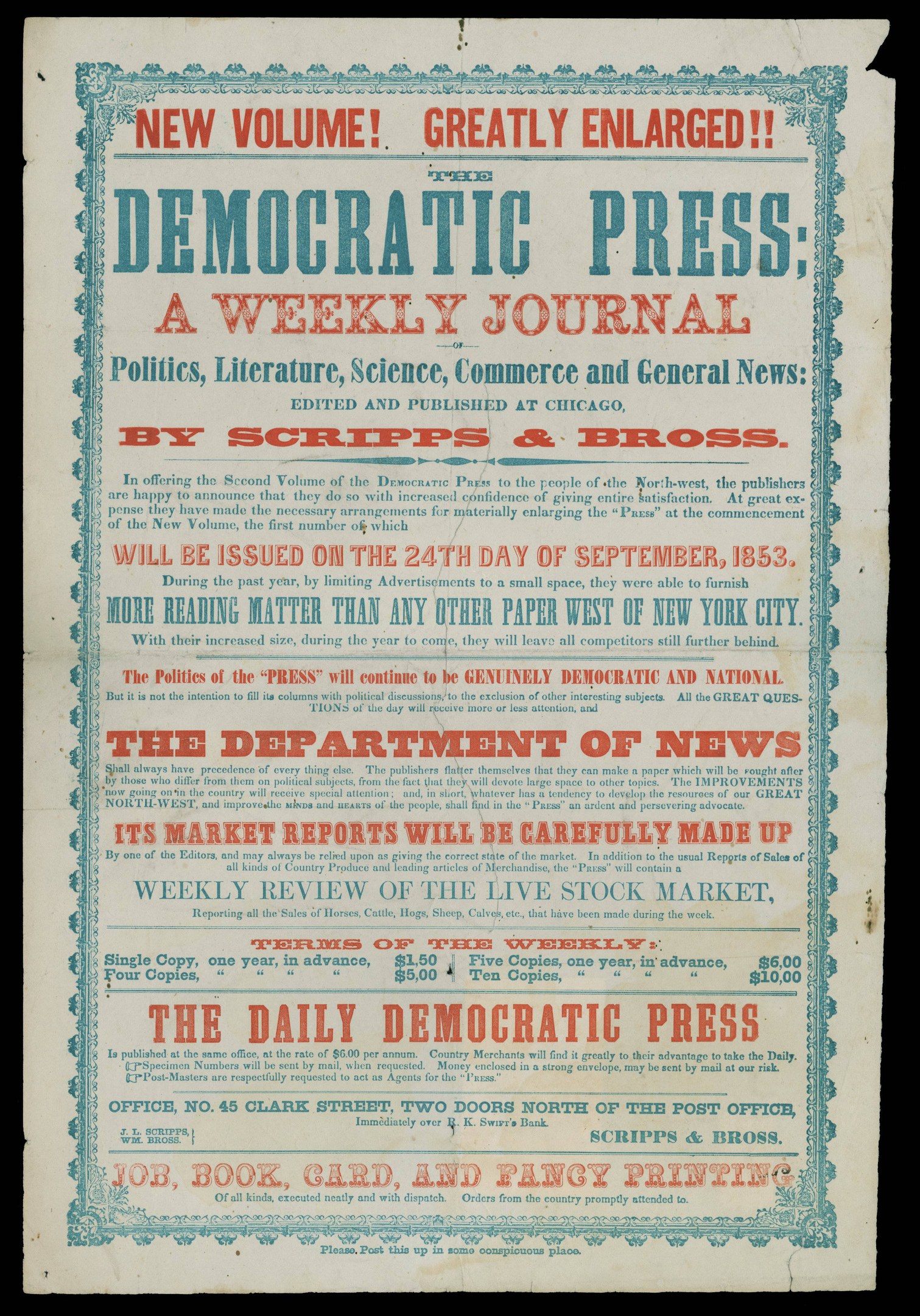 Paper with the text "Democratic Press: A Weekly Journal" on a black background.
