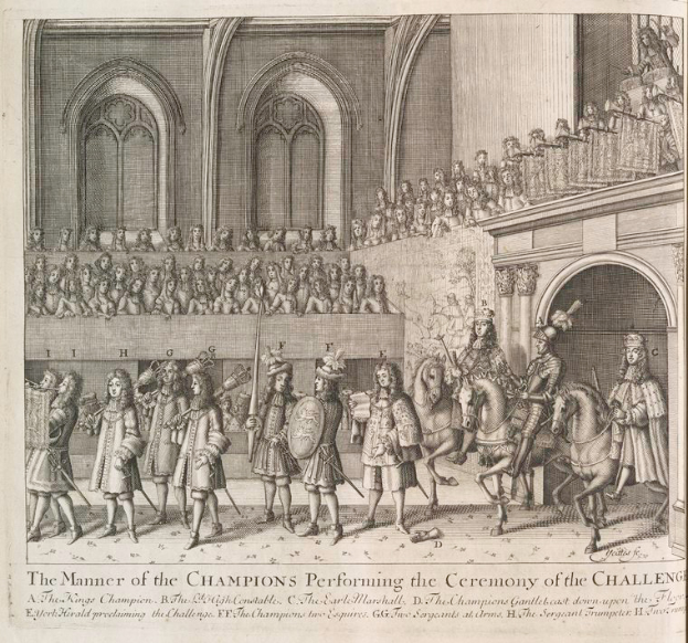 Eine Zeichnung einer Gruppe von Menschen, einige zu Pferde, vor einer Menge und einem Gebäude, mit Text unten, der "Die Art und Weise, wie die Champions die Herausforderungszeremonie durchführen" lautet.