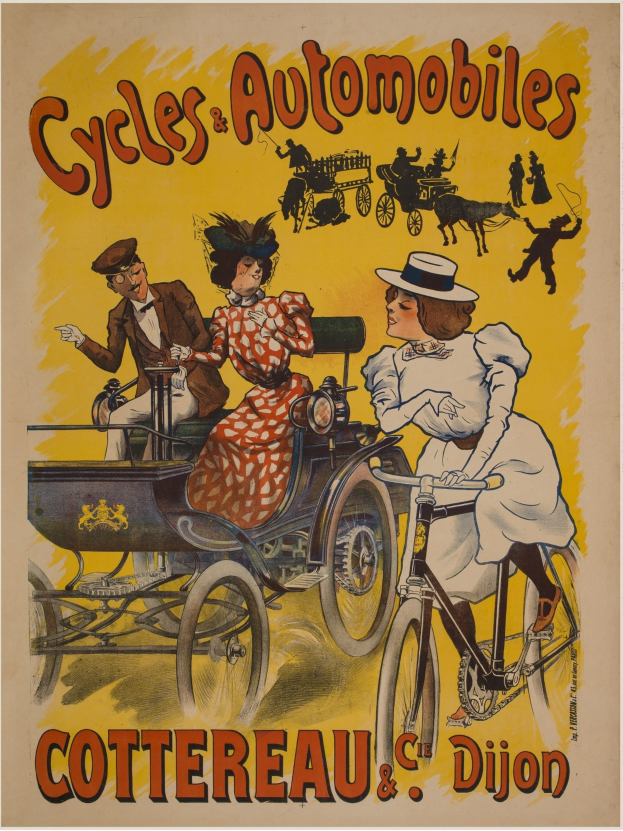 Plakat bewirbt Fahrräder und Automobile in Cottereau und Dijon, Frankreich, zeigt Menschen, die Fahrräder fahren und eine Kutsche mit "Fahrräder und Automobile" oben drauf.