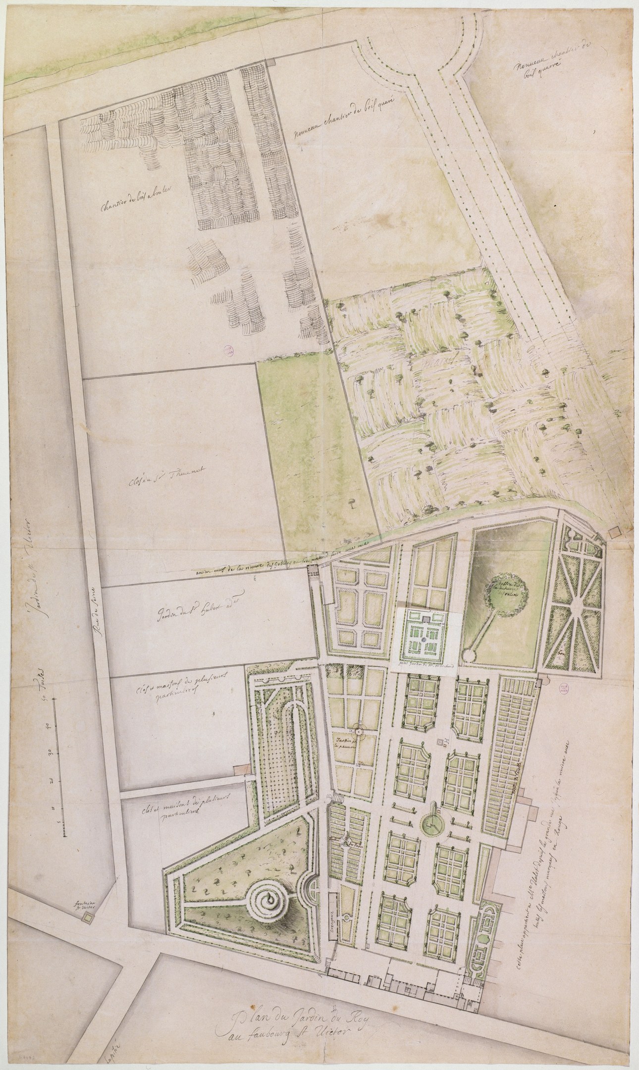 Detailed city plan on paper showing buildings, trees, streets, parks, and landmarks with accompanying text.