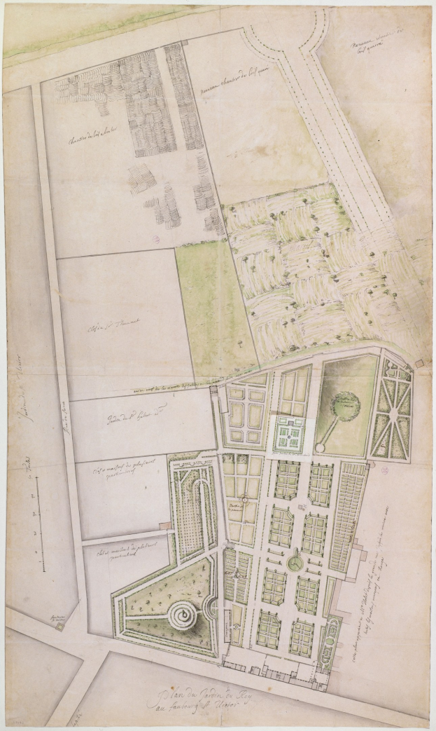 Detailed city plan on paper showing buildings, trees, streets, parks, and landmarks with accompanying text.