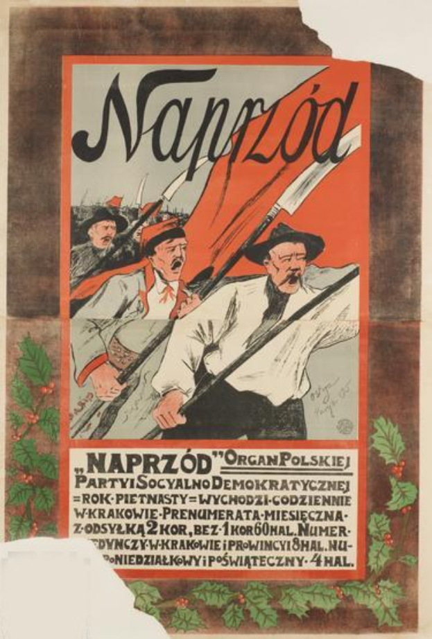 Polnischer Propagandaplakat für die polnische Revolution mit einer zentralen Figur mit menschlichem Gesicht und Text mit Ereignisinformationen.