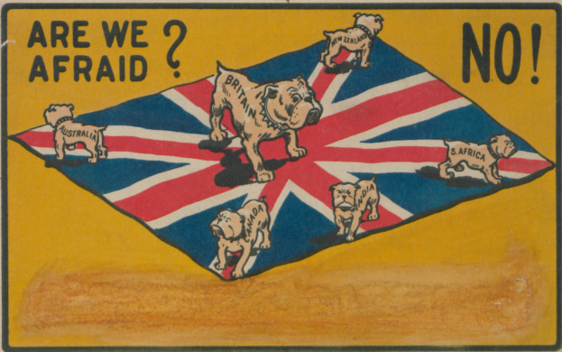 Ein Plakat mit Bildern von Hunden, einer britischen Flagge und dem Text "Haben wir Angst?"