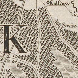 Old map of Kalkow, Poland with a large 'K' and detailed roads, buildings, and landmarks.