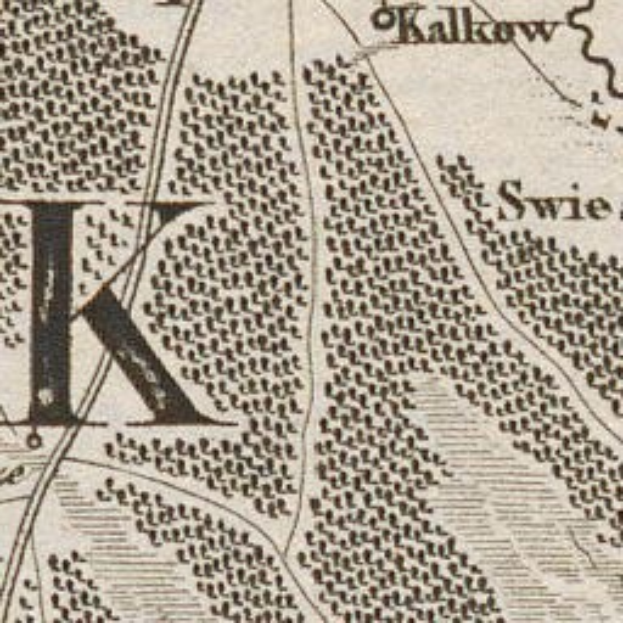 Old map of Kalkow, Poland with a large 'K' and detailed roads, buildings, and landmarks.