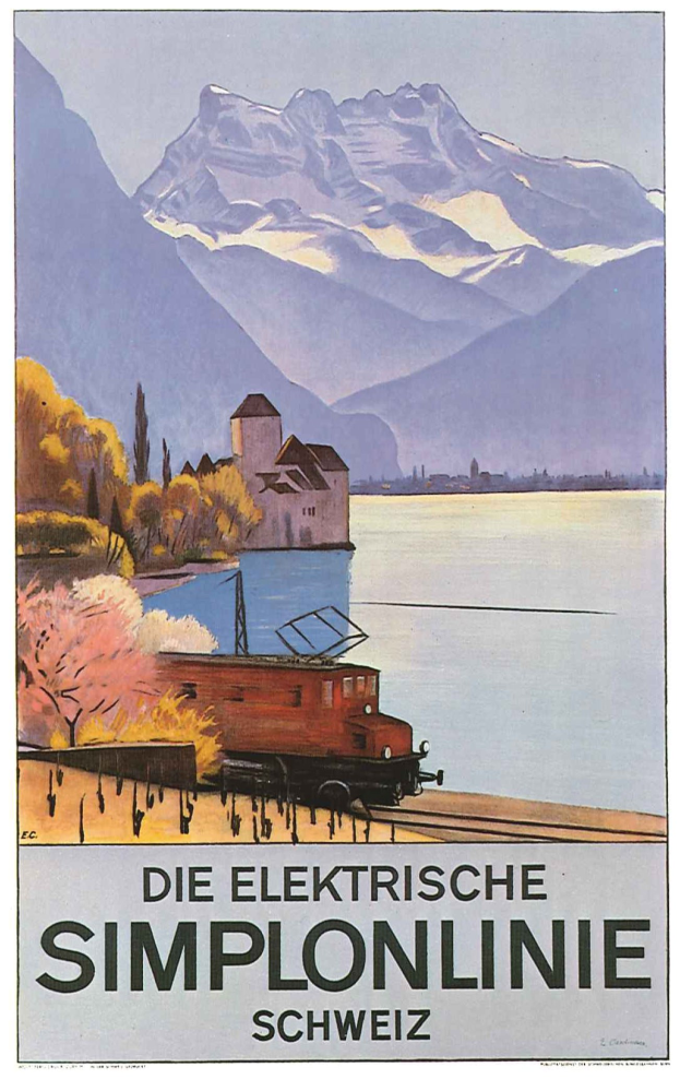 Plakat, das Schweizerische Bahn mit einem Zug auf Schienen neben einem See, umgeben von Bäumen, einem Gebäude und Bergen im Hintergrund anpreist.