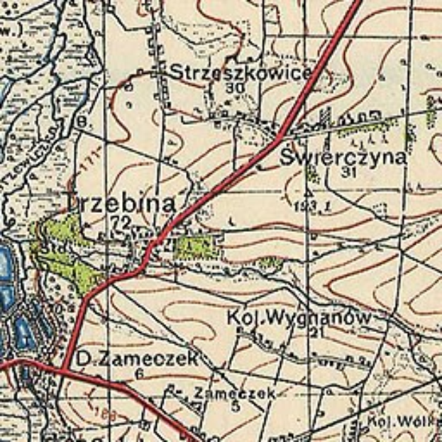 Topografische Karte von Szczecin, Polen, mit einer markierten Zugroute vom Stadtzentrum.