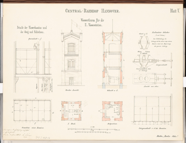 A book cover featuring a detailed architectural drawing of the Central Bahnhof Hannover building, with visible windows, doors, and text providing design information.