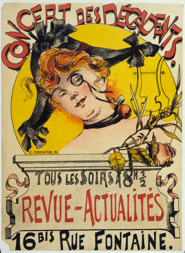 Ein Plakat, das ein Konzert der Decadents ankündigt und eine Frau mit einem menschlichen Gesicht zeigt.