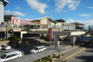 Ein belebter Einkaufszentrum mit Gebäuden, Geschäften, Fahrzeugen auf der Straße, Fußgängern auf dem Gehweg, Straßenlaternen, Informationstafeln, Büschen, Bäumen und einem bewölkten Himmel im Hintergrund.