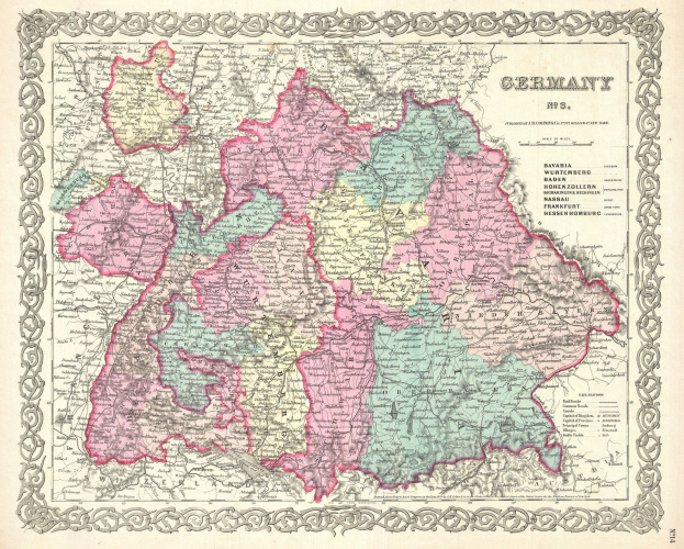 Alte Deutschlandkarte auf Papier, die die Provinzen Bayern, Baden-Württemberg und Baden zeigt und Text enthält, der die Regionen beschreibt.