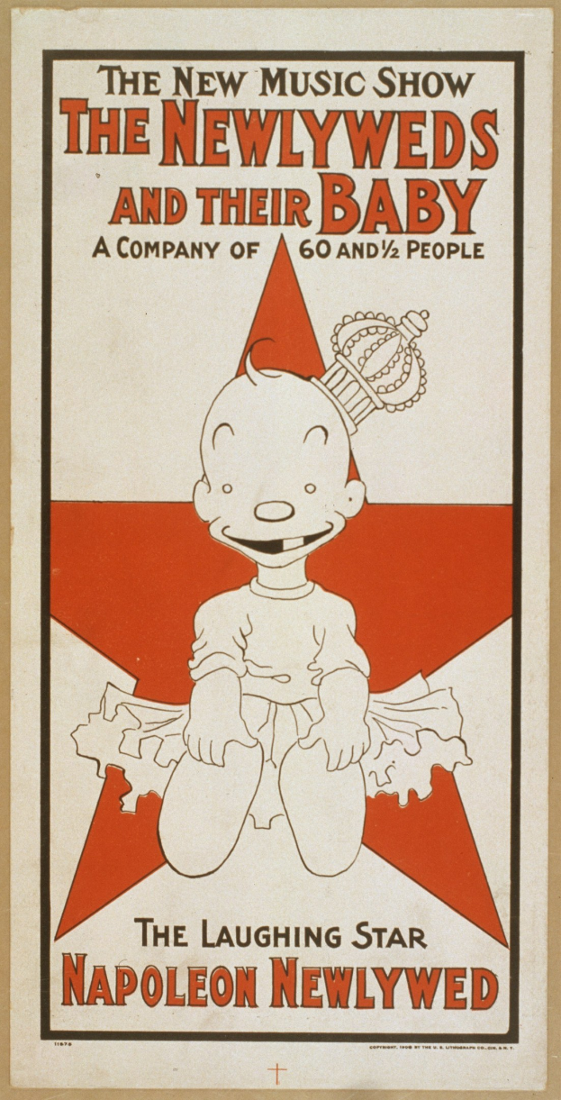 Plakat für "The New Music Show: The Newlyweds and Their Baby" mit einer Cartoon-Baby in einem wei├čen Onesie mit einer rosafarbenen Schleife, das gegen einen hellblauen Hintergrund mit Sternen und fetter schwarzer Schrift l├Ąchelt.