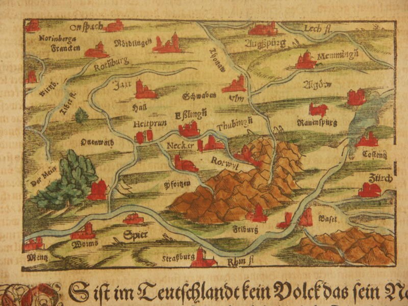 Old map of Leuchtland, Germany, showing cities, towns, and surrounding landscape with lush green trees and text in a classic font.