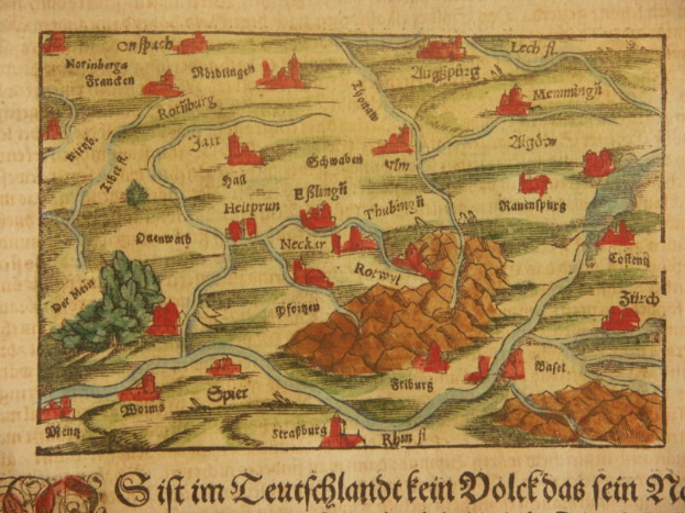 Old map of Leuchtland, Germany, showing cities, towns, and surrounding landscape with lush green trees and text in a classic font.