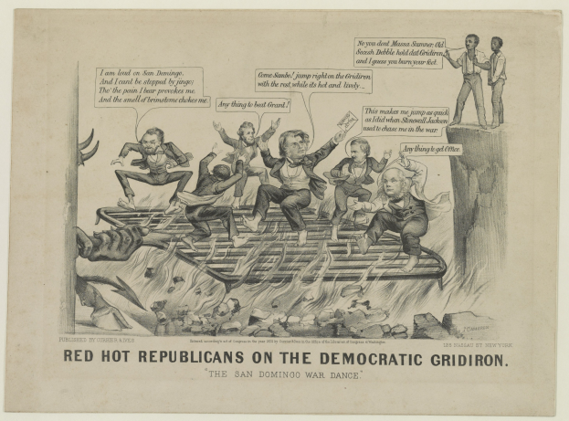 Ein Blatt mit einer Zeichnung von verzweifelten roten Figuren, die "heiße Republikaner" genannt werden, auf einem Gitterfeld, mit fetter schwarzer Schrift, die eine ernste Situation betont.