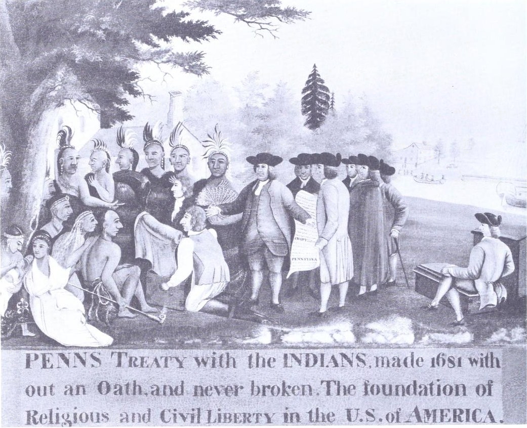 Poster titled "Penns Treaty with the Indians" showing a group of people with a tree and sky backdrop, featuring text about a 1681 treaty and its significance to U.S. liberty.