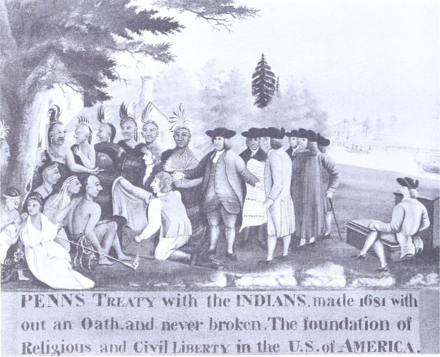 Poster titled "Penns Treaty with the Indians" showing a group of people with a tree and sky backdrop, featuring text about a 1681 treaty and its significance to U.S. liberty.