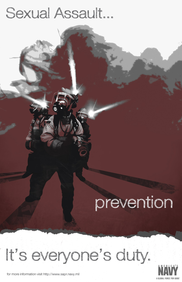 Poster with the title "Sexual Assault Prevention - It's Everyone's Duty" and an image of military personnel in helmets.