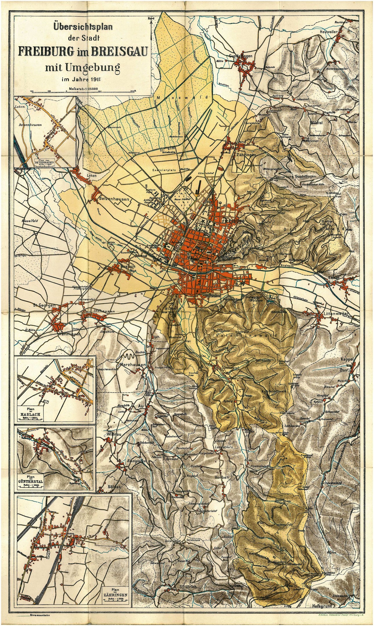 Detailed old map of Freiburg, Germany, showing streets, buildings, and landmarks with text at the top and bottom.